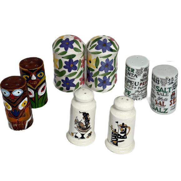 Lot 4 Vintage Ceramic Salt Pepper Shakers Totem Pole Tiki Floral - Japan - MCM